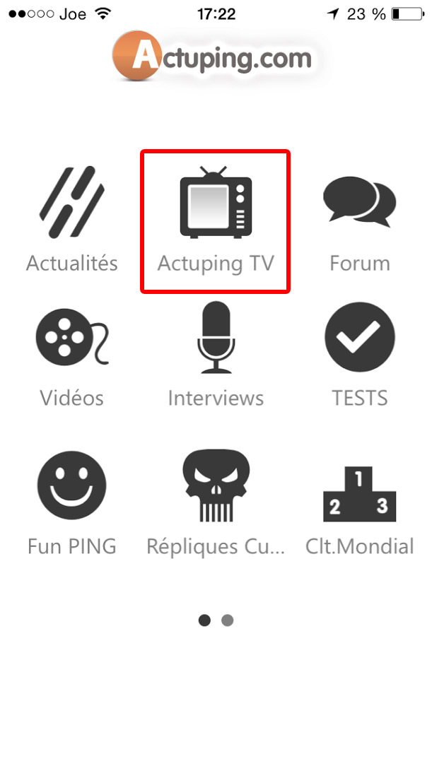 Actuping TV intégré dans les applications Actuping TT