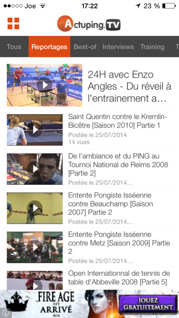 Actuping TV intégré dans les applications Actuping TT