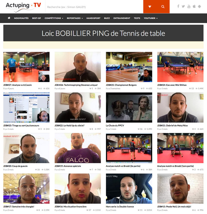 Les vidéos de Loic BOBILLIER intégrées à www.actuping.tv