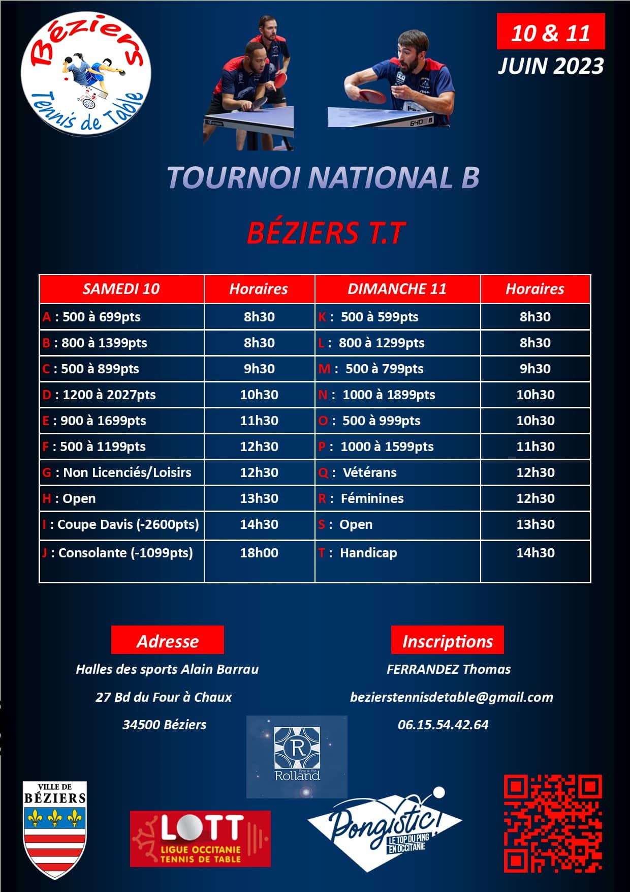 TOURNOI NATIONAL BEZIERS TENNIS DE TABLE 10 ET 11 JUIN 2023